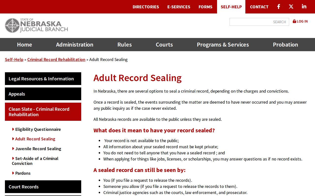 Nebraska Judicial Branch adult record-sealing categories