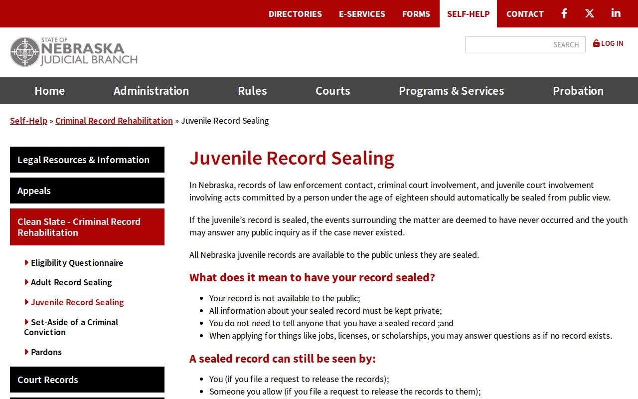 Nebraska Judicial Branch page about automatic and requested juvenile record sealing