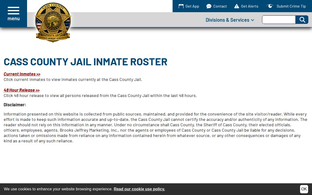 Cass County Nebraska current inmate roster and short release window