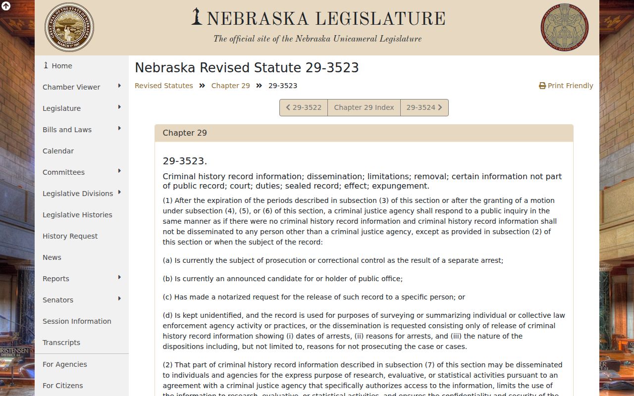 Nebraska criminal-history release limits after specified case outcomes under section 29-3523