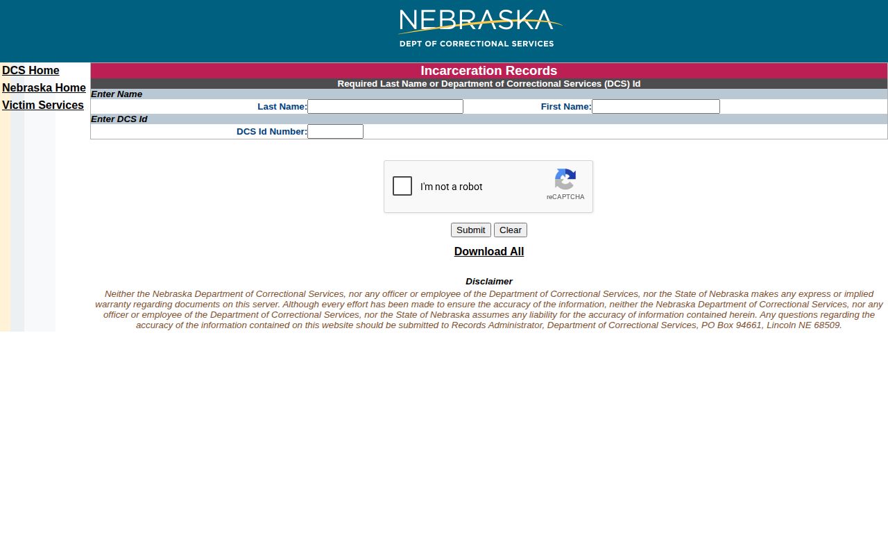 NDCS Nebraska Incarceration Record Search form with name and DCS ID fields