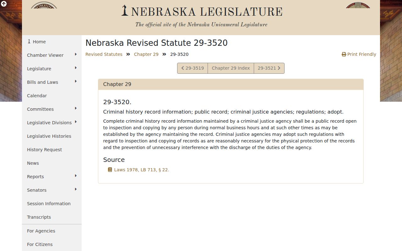 Nebraska statute page describing public criminal-history records