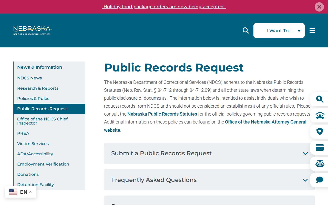 Nebraska corrections public-record request instructions