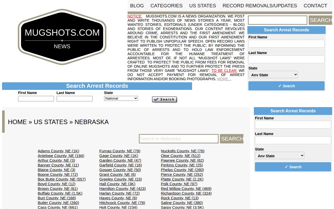 Secondary Nebraska arrest-record site with county index navigation
