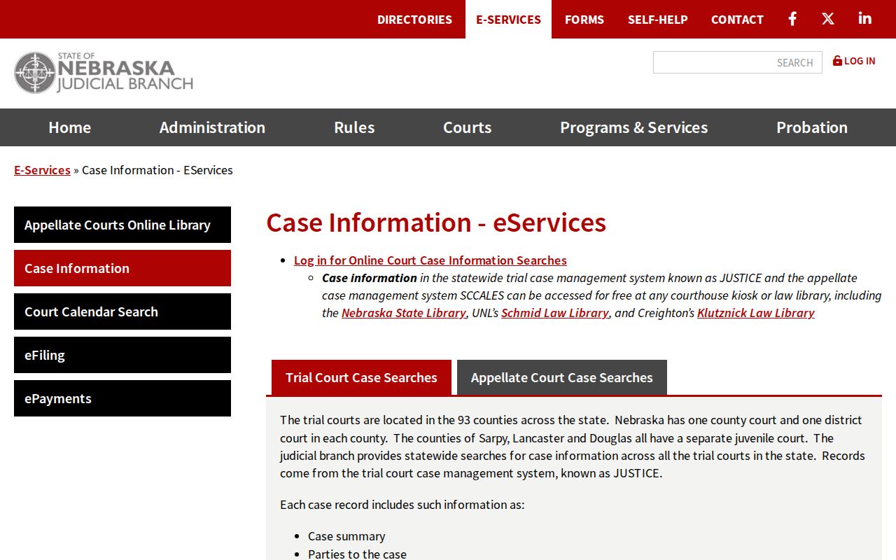 Nebraska Judicial Branch statewide trial-court case-information search entry